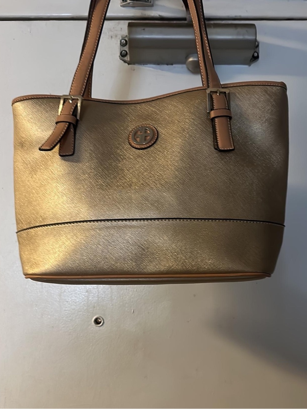 Giani Bernini Metallic Gold Tote with Tan Trim and Handles